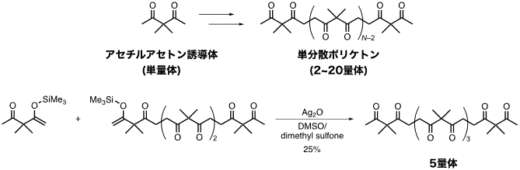図1．アセチルアセトン(単量体)を出発原料とする単分散ポリケトン(2~20量体)の合成。高分子結晶性を示す臨界長である5量体の合成経路。
